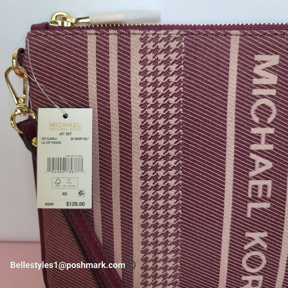 MICHAEL KORS Jet Set Signature Jacquard Large Zip Pouch Wristlet- Dark Berry⭐ - Picture 15 of 16